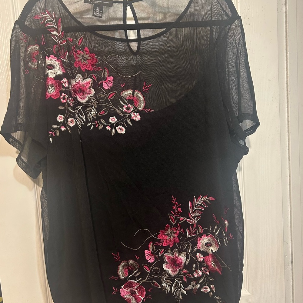 New. Women’s INC Embroidered Black Mesh Top w She’ll. Size 3x - Picture 2 of 3